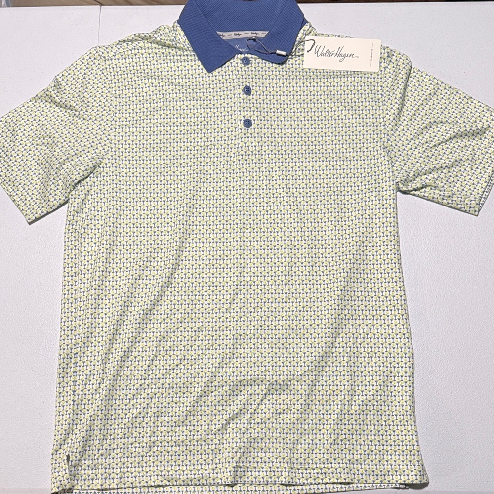 Walter Hagen Green Pattern Polo with Blue Collar